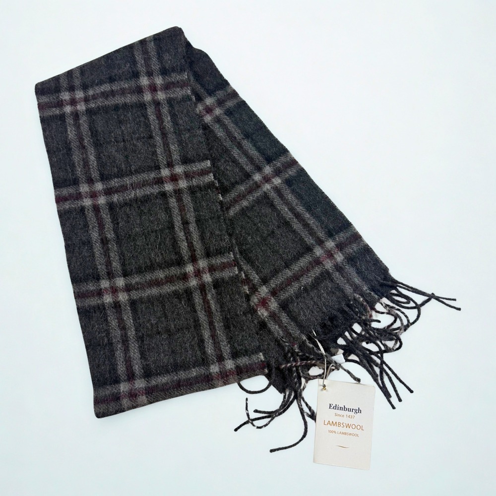 Edinburgh Scarf Unisex OS Charcoal Plaid Thomson Lambswool Fringe Cozy Classic